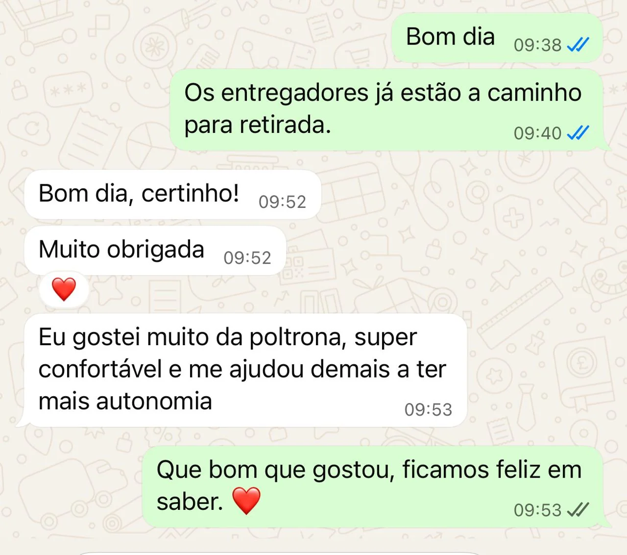 Mensagem de Cliente verificada: Eu gostei muito da poltrona — super confortável e me ajudou demais a ter mais autonomia.